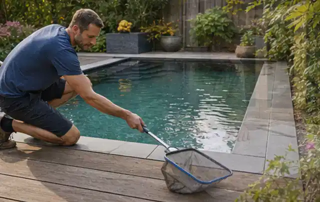 Person entfernt Blätter mit einem Kescher aus einem kleinen Gartenpool; Thema Gartentische, Schwerpunkt Bestenliste; Ergebnis.
