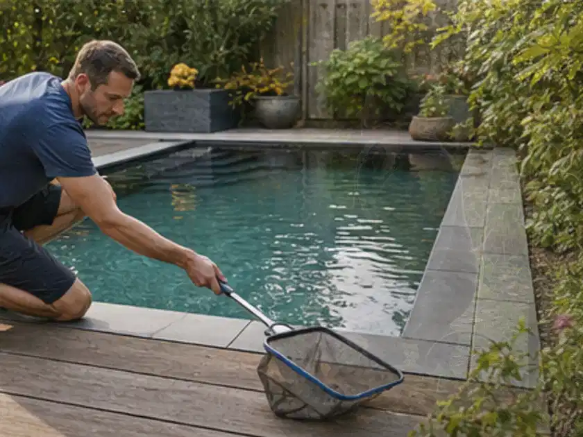 Person entfernt Blätter mit einem Kescher aus einem kleinen Gartenpool; Thema Gartentische, Schwerpunkt Checkliste; Titelbild.