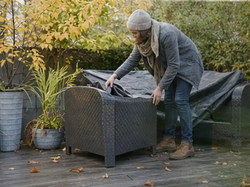 Person deckt Gartenmöbel vor der kalten Jahreszeit sorgfältig ab; Thema Gartentische, Schwerpunkt Dimensionierung; Titelbild.
