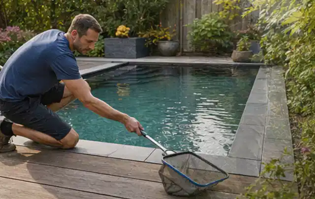 Person entfernt Blätter mit einem Kescher aus einem kleinen Gartenpool; Thema Gartentische, Schwerpunkt Dimensionierung; Kontrolle.