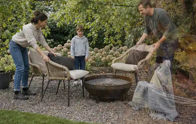 Familie stellt wetterfeste Sessel an einem geschützten Sitzplatz im Garten auf; Thema Gartentische, Schwerpunkt Dimensionierung; Praxisalltag.