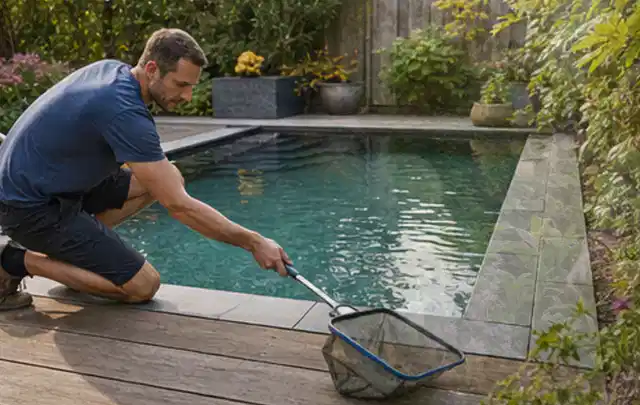 Person entfernt Blätter mit einem Kescher aus einem kleinen Gartenpool; Thema Gartentische, Schwerpunkt Ersatzteile; Ergebnis.