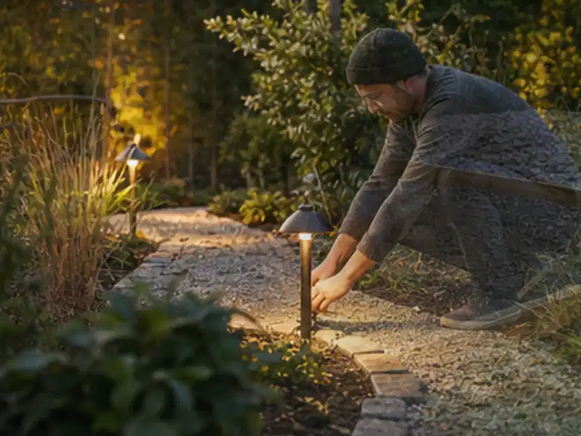 Person richtet eine niedrige warm leuchtende Gartenlampe am Kiesweg aus; Thema Gartentische, Schwerpunkt Fehlerhilfe; Titelbild.