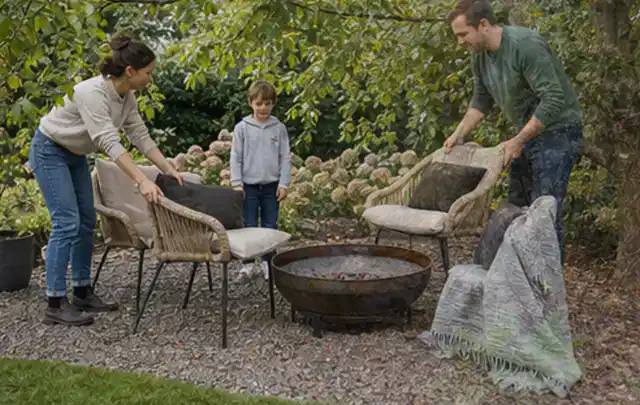 Familie stellt wetterfeste Sessel an einem geschützten Sitzplatz im Garten auf; Thema Gartentische, Schwerpunkt Fehlerhilfe; Umsetzung.