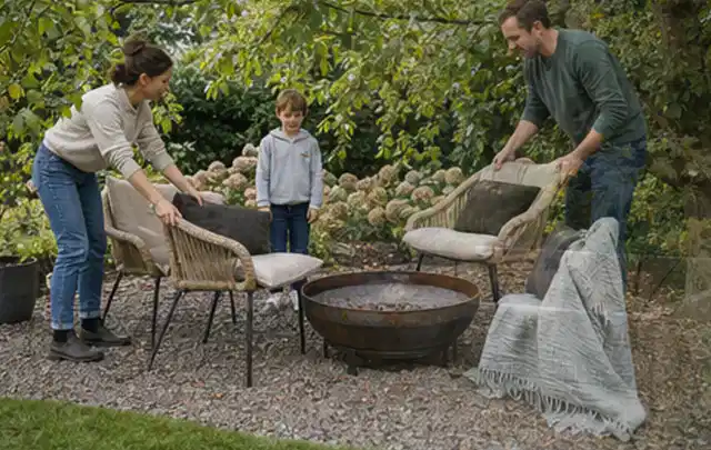 Familie stellt wetterfeste Sessel an einem geschützten Sitzplatz im Garten auf; Thema Gartentische, Schwerpunkt Gärten mit großer Fläche; Ausgangslage.