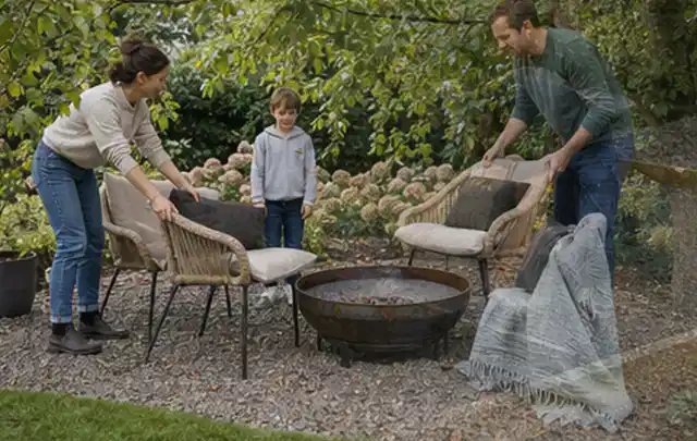 Familie stellt wetterfeste Sessel an einem geschützten Sitzplatz im Garten auf; Thema Gartentische, Schwerpunkt Gärten mit kleiner Fläche; Umsetzung.