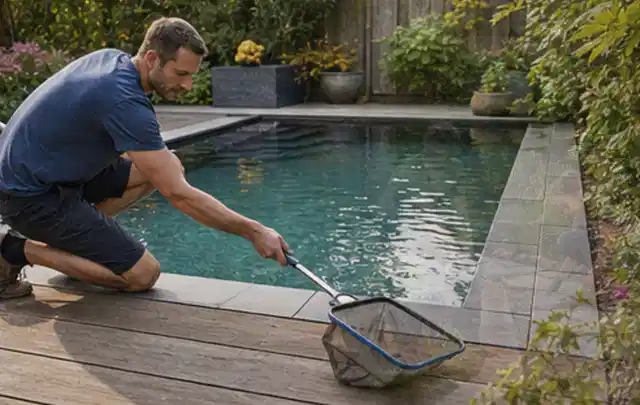 Person entfernt Blätter mit einem Kescher aus einem kleinen Gartenpool; Thema Gartentische, Schwerpunkt Gärten mit kleiner Fläche; Kontrolle.