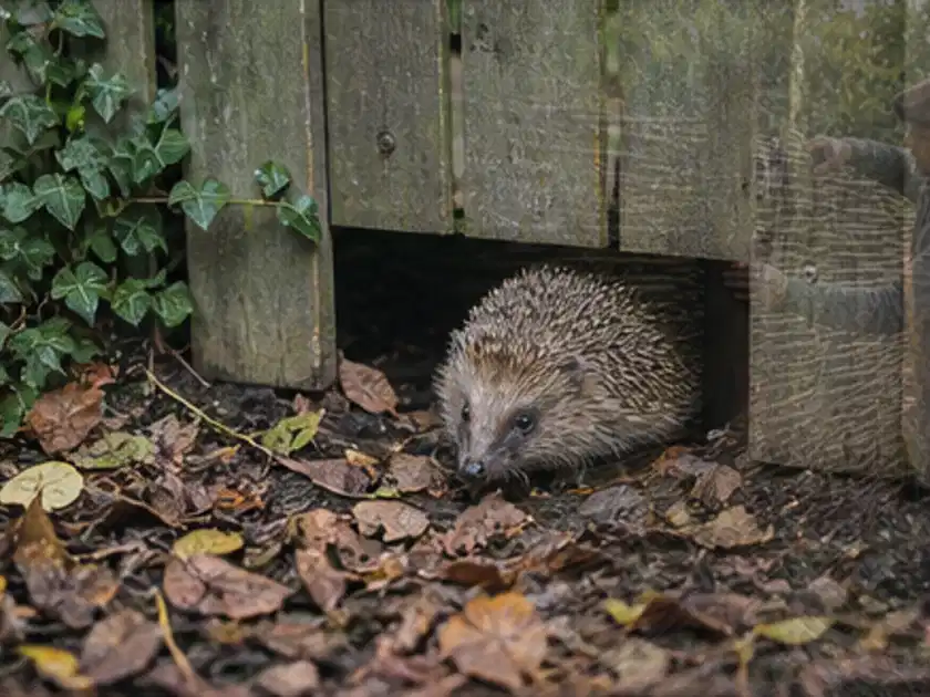 Igel nutzt einen bodennahen Durchgang unter einem hölzernen Gartenzaun; Thema Gartentische, Schwerpunkt Kaufberatung; Titelbild.