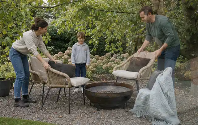 Familie stellt wetterfeste Sessel an einem geschützten Sitzplatz im Garten auf; Thema Gartentische, Schwerpunkt Kaufberatung; Kontrolle.