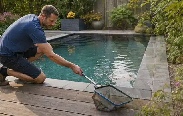 Person entfernt Blätter mit einem Kescher aus einem kleinen Gartenpool; Thema Gartentische, Schwerpunkt Kaufberatung; Ergebnis.
