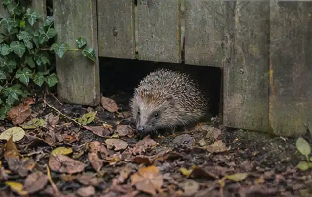 Igel nutzt einen bodennahen Durchgang unter einem hölzernen Gartenzaun; Thema Gartentische, Schwerpunkt Kosten; Ausgangslage.