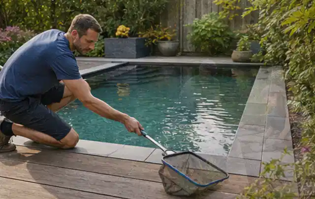 Person entfernt Blätter mit einem Kescher aus einem kleinen Gartenpool; Thema Gartentische, Schwerpunkt Kosten; Kontrolle.
