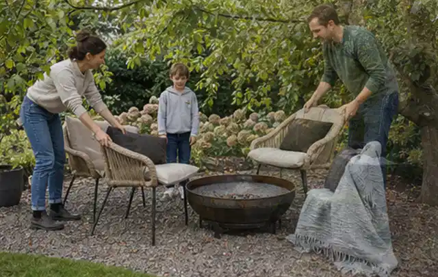 Familie stellt wetterfeste Sessel an einem geschützten Sitzplatz im Garten auf; Thema Gartentische, Schwerpunkt Kosten; Praxisalltag.