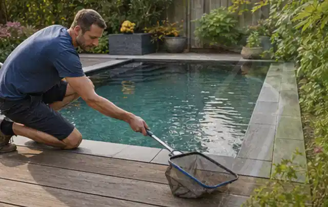 Person entfernt Blätter mit einem Kescher aus einem kleinen Gartenpool; Thema Gartentische, Schwerpunkt Nachhaltigkeit; Ausgangslage.