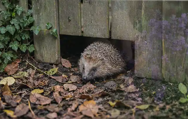 Igel nutzt einen bodennahen Durchgang unter einem hölzernen Gartenzaun; Thema Gartentische, Schwerpunkt Nachhaltigkeit; Ergebnis.