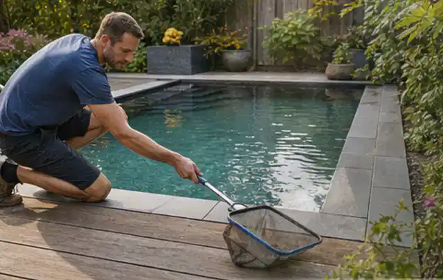 Person entfernt Blätter mit einem Kescher aus einem kleinen Gartenpool; Thema Gartentische, Schwerpunkt Outdoor Freizeit; Umsetzung.