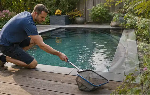 Person entfernt Blätter mit einem Kescher aus einem kleinen Gartenpool; Thema Gartentische, Schwerpunkt Reinigung; Umsetzung.