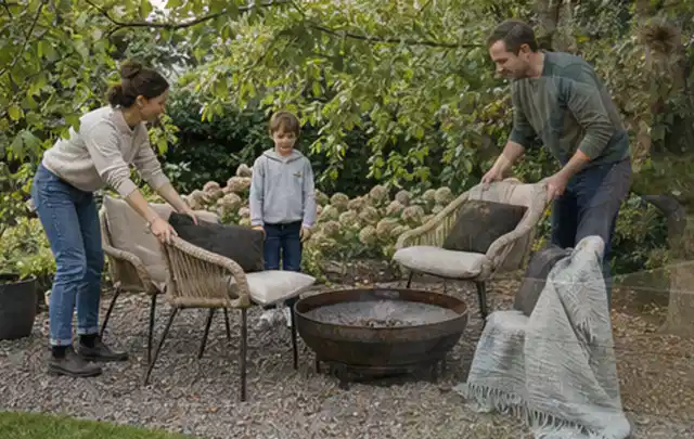 Familie stellt wetterfeste Sessel an einem geschützten Sitzplatz im Garten auf; Thema Gartentische, Schwerpunkt Reparatur; Ergebnis.