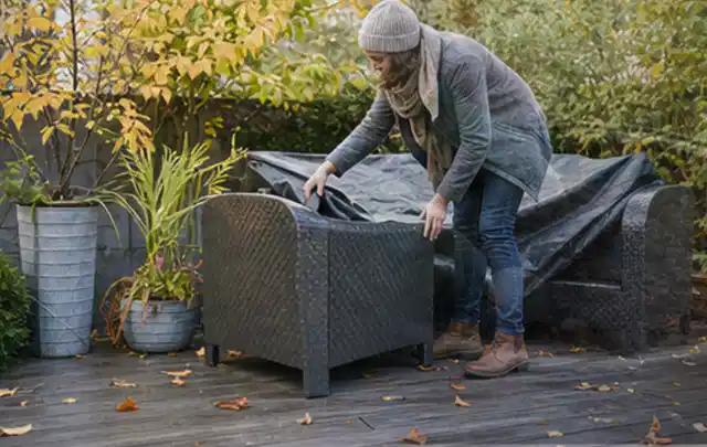 Person deckt Gartenmöbel vor der kalten Jahreszeit sorgfältig ab; Thema Gartentische, Schwerpunkt Sicherheit; Praxisalltag.
