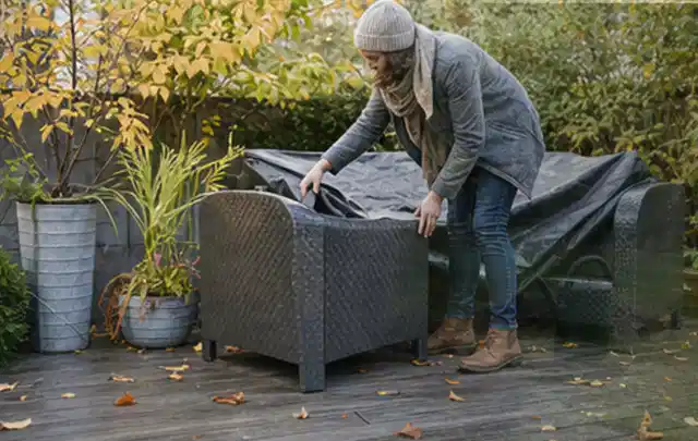 Person deckt Gartenmöbel vor der kalten Jahreszeit sorgfältig ab; Thema Gartentische, Schwerpunkt Systemvergleich; Ausgangslage.