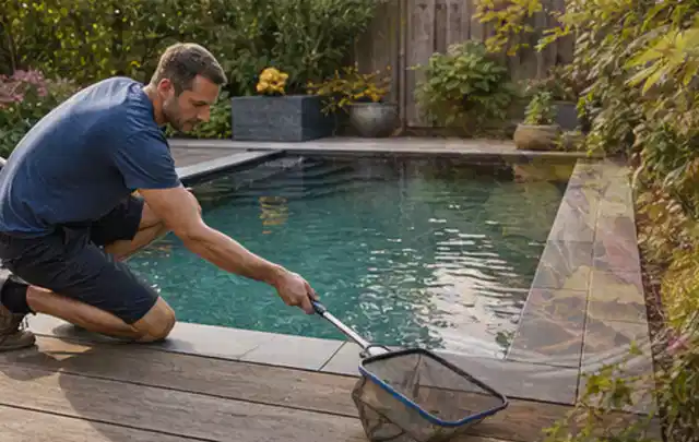 Person entfernt Blätter mit einem Kescher aus einem kleinen Gartenpool; Thema Gartentische, Schwerpunkt Systemvergleich; Umsetzung.