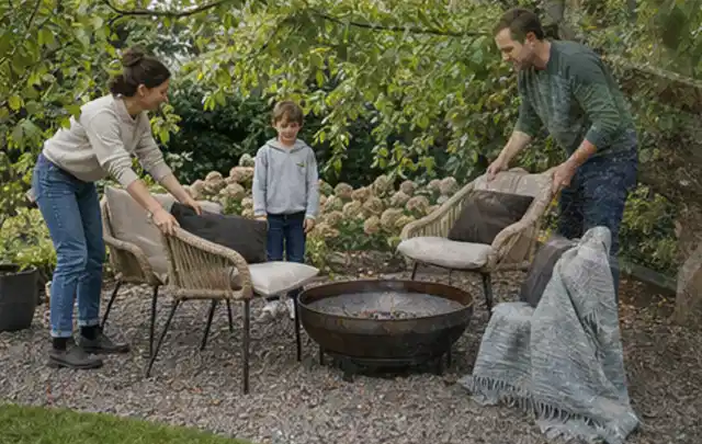 Familie stellt wetterfeste Sessel an einem geschützten Sitzplatz im Garten auf; Thema Gartentische, Schwerpunkt Systemvergleich; Ergebnis.