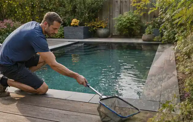 Person entfernt Blätter mit einem Kescher aus einem kleinen Gartenpool; Thema Gartentische, Schwerpunkt Testkriterien; Kontrolle.