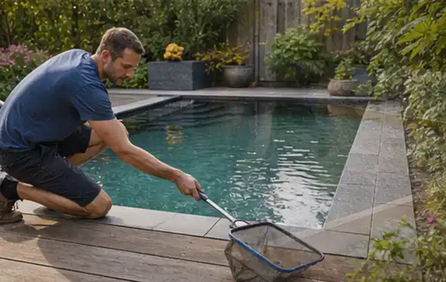 Person entfernt Blätter mit einem Kescher aus einem kleinen Gartenpool; Thema Gartentische, Schwerpunkt Vergleich; Ausgangslage.