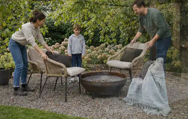 Familie stellt wetterfeste Sessel an einem geschützten Sitzplatz im Garten auf; Thema Gartentische, Schwerpunkt Vergleich; Praxisalltag.