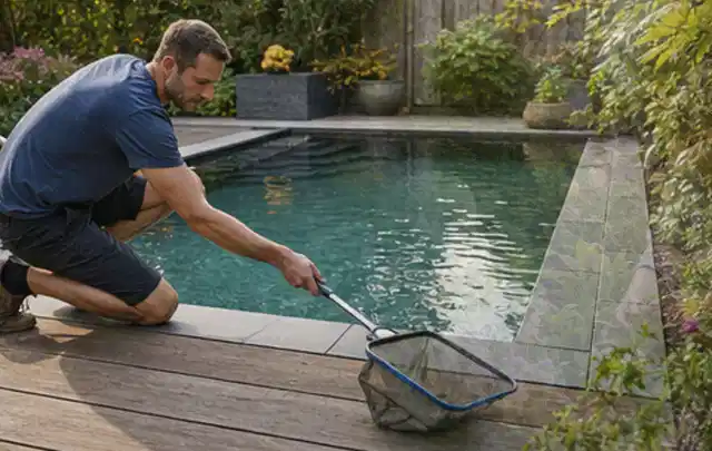 Person entfernt Blätter mit einem Kescher aus einem kleinen Gartenpool; Thema Gartentische, Schwerpunkt Wartung; Kontrolle.