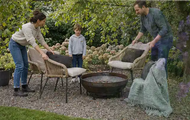 Familie stellt wetterfeste Sessel an einem geschützten Sitzplatz im Garten auf; Thema Gartentische, Schwerpunkt Wartung; Ergebnis.