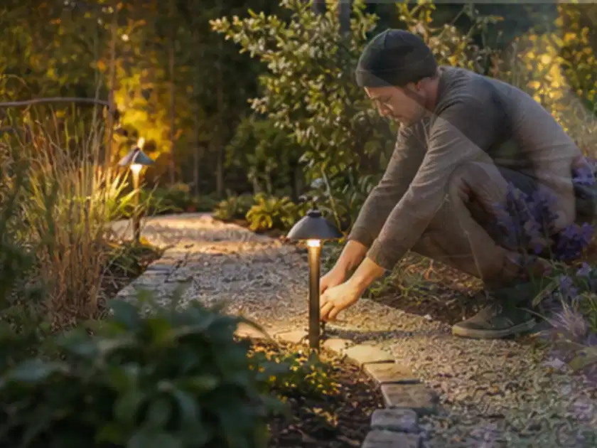 Person richtet eine niedrige warm leuchtende Gartenlampe am Kiesweg aus; Thema Gartentische, Schwerpunkt Winterlager; Titelbild.