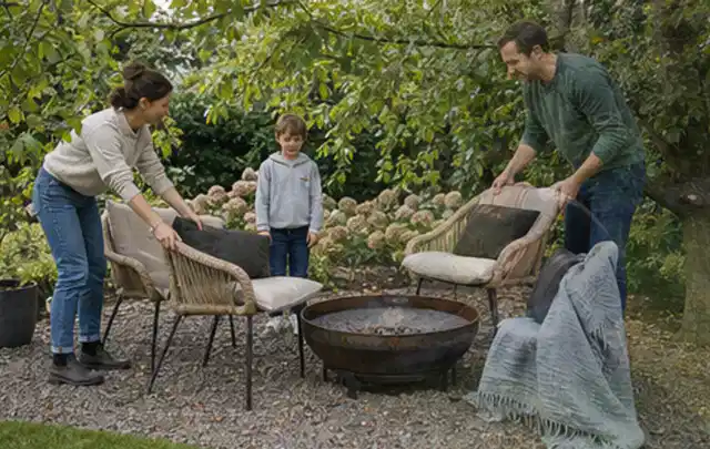 Familie stellt wetterfeste Sessel an einem geschützten Sitzplatz im Garten auf; Thema Gartentische, Schwerpunkt Winterlager; Umsetzung.
