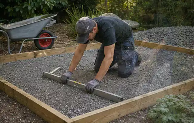 Person richtet eine verdichtete Kiesfläche mit Wasserwaage und Abziehlatte aus; Thema Gartenwerkstatt, Schwerpunkt Aufbau; Umsetzung.