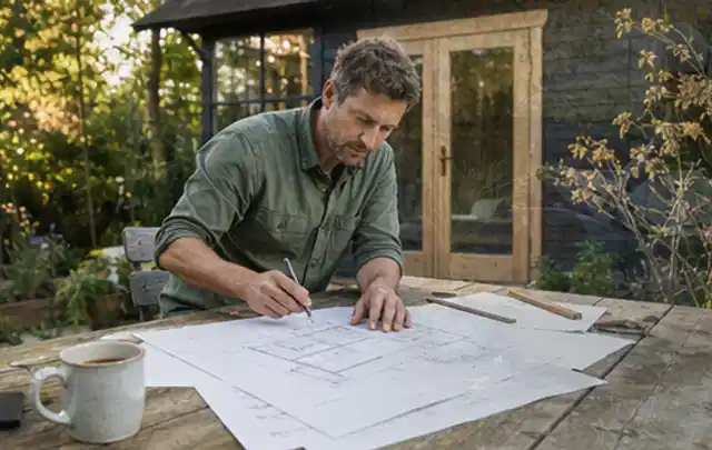 Person prüft Bauzeichnungen an einem Gartentisch vor einem kleinen Gartenhaus; Thema Gartenwerkstatt, Schwerpunkt Aufbau; Kontrolle.