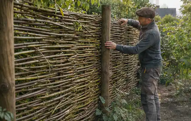 Person befestigt geflochtene Weidenruten an stabilen Holzpfosten im Garten; Thema Gartenwerkstatt, Schwerpunkt Aufbau; Praxisalltag.