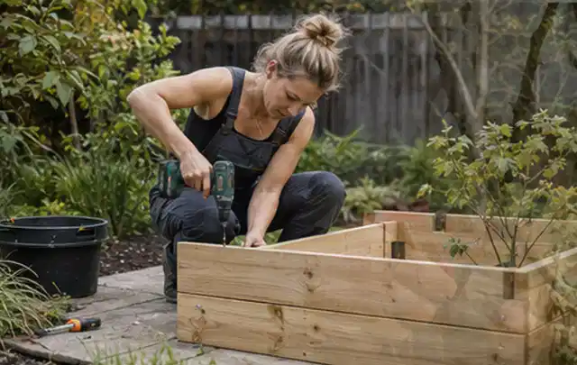 Person montiert ein massives Hochbeet aus unbehandeltem Holz im Garten; Thema Gartenwerkstatt, Schwerpunkt Baurecht; Umsetzung.