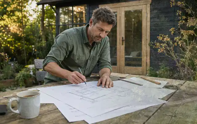 Person prüft Bauzeichnungen an einem Gartentisch vor einem kleinen Gartenhaus; Thema Gartenwerkstatt, Schwerpunkt Baurecht; Kontrolle.