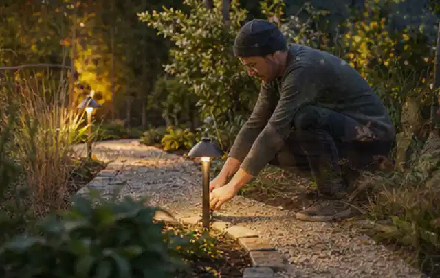 Person richtet eine niedrige warm leuchtende Gartenlampe am Kiesweg aus; Thema Gartenwerkstatt, Schwerpunkt Baurecht; Ergebnis.