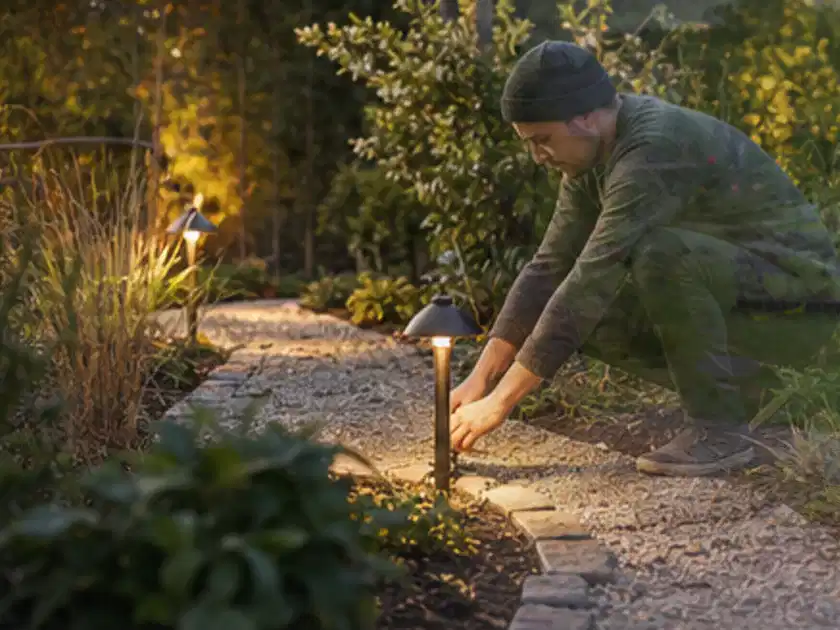 Person richtet eine niedrige warm leuchtende Gartenlampe am Kiesweg aus; Thema Gartenwerkstatt, Schwerpunkt Checkliste; Titelbild.
