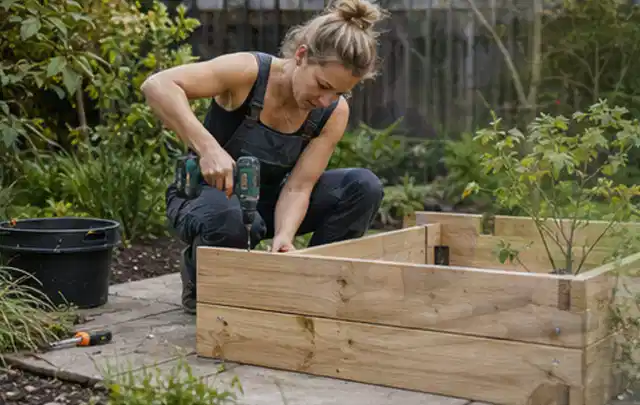 Person montiert ein massives Hochbeet aus unbehandeltem Holz im Garten; Thema Gartenwerkstatt, Schwerpunkt Checkliste; Ausgangslage.