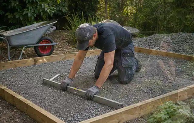 Person richtet eine verdichtete Kiesfläche mit Wasserwaage und Abziehlatte aus; Thema Gartenwerkstatt, Schwerpunkt Checkliste; Umsetzung.