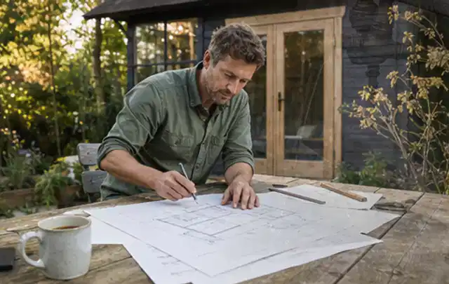 Person prüft Bauzeichnungen an einem Gartentisch vor einem kleinen Gartenhaus; Thema Gartenwerkstatt, Schwerpunkt Checkliste; Ergebnis.