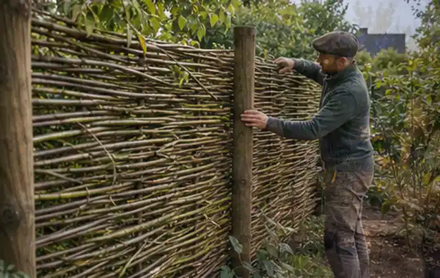Person befestigt geflochtene Weidenruten an stabilen Holzpfosten im Garten; Thema Gartenwerkstatt, Schwerpunkt Checkliste; Praxisalltag.