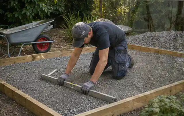 Person richtet eine verdichtete Kiesfläche mit Wasserwaage und Abziehlatte aus; Thema Gartenwerkstatt, Schwerpunkt Dimensionierung; Ausgangslage.