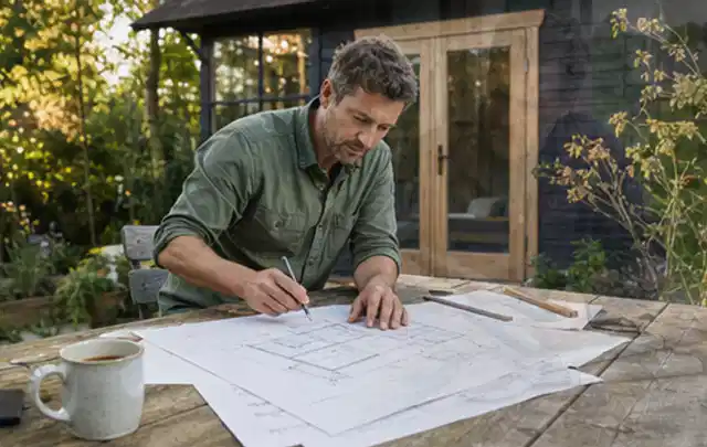 Person prüft Bauzeichnungen an einem Gartentisch vor einem kleinen Gartenhaus; Thema Gartenwerkstatt, Schwerpunkt Dimensionierung; Kontrolle.