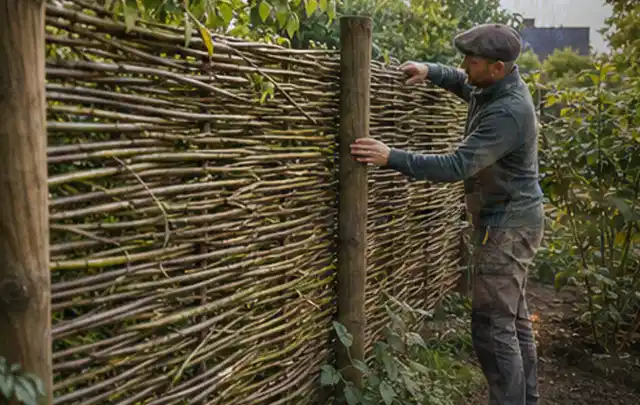 Person befestigt geflochtene Weidenruten an stabilen Holzpfosten im Garten; Thema Gartenwerkstatt, Schwerpunkt Dimensionierung; Ergebnis.
