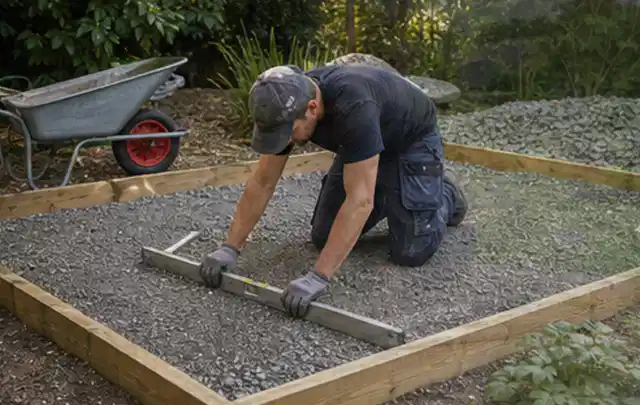 Person richtet eine verdichtete Kiesfläche mit Wasserwaage und Abziehlatte aus; Thema Gartenwerkstatt, Schwerpunkt DIY; Kontrolle.