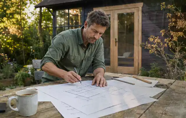 Person prüft Bauzeichnungen an einem Gartentisch vor einem kleinen Gartenhaus; Thema Gartenwerkstatt, Schwerpunkt DIY; Ergebnis.
