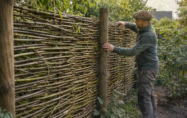 Person befestigt geflochtene Weidenruten an stabilen Holzpfosten im Garten; Thema Gartenwerkstatt, Schwerpunkt DIY; Praxisalltag.